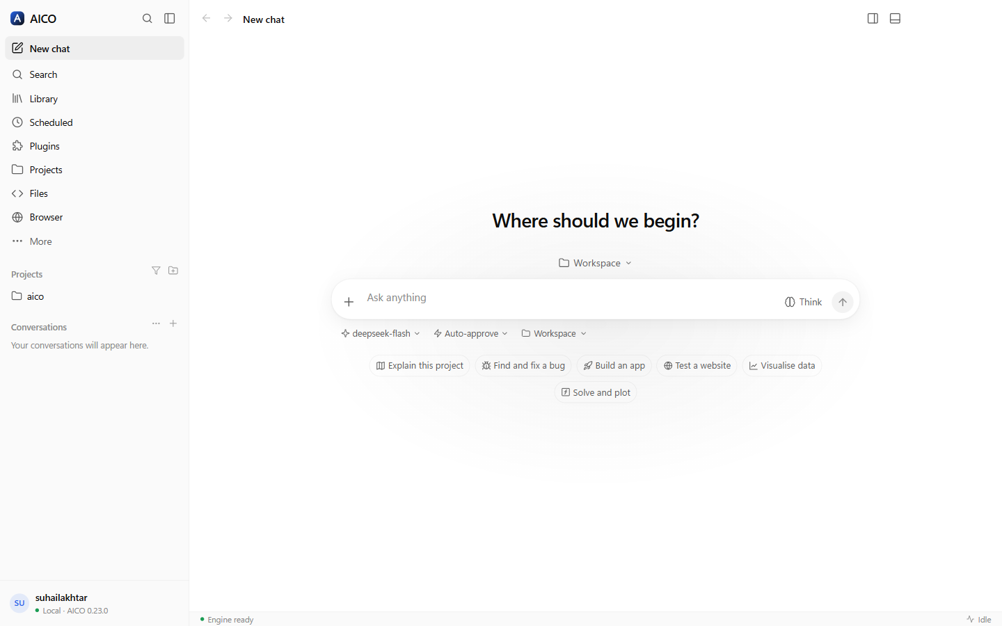 AICO Desktop's home screen: a sidebar with New chat, Search, Library, Scheduled, Plugins, Projects, Files and Browser, and a centred composer under the heading Where should we begin?