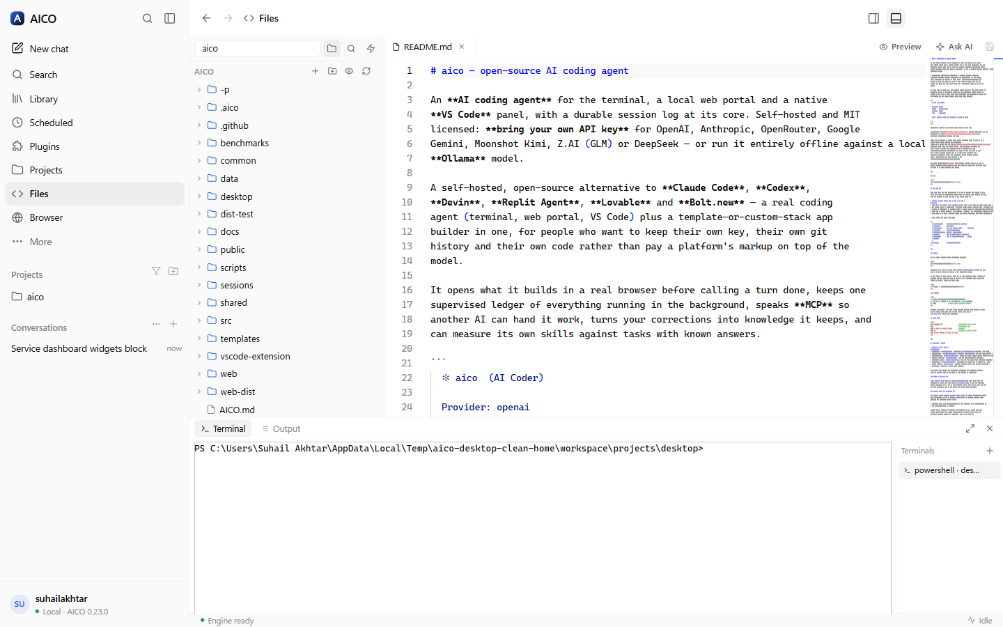 The Files view: a project tree, README.md open in the editor, and a PowerShell terminal in the bottom panel.