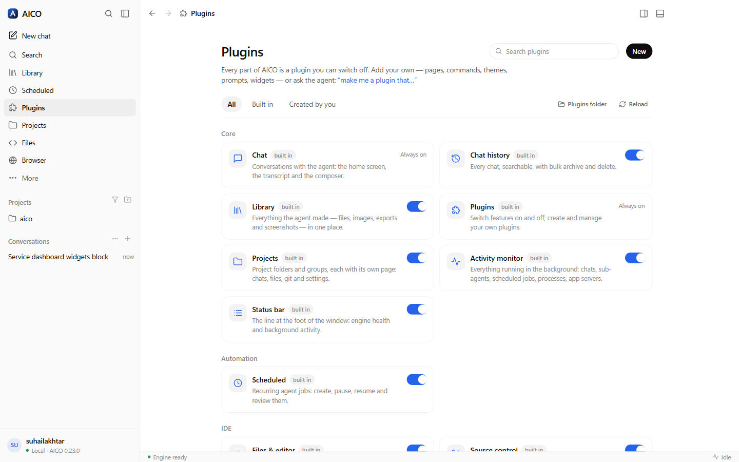 The Plugins page listing built-in features as switchable plugins, with a New button.