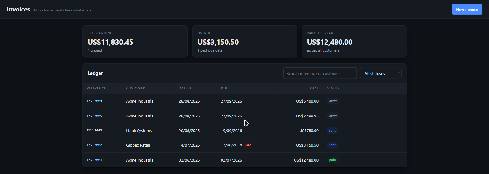 The same invoices app rendered in dark mode.