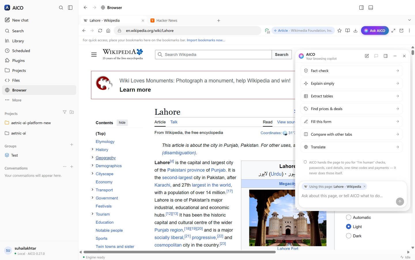 The AICO copilot floating over a live Wikipedia page