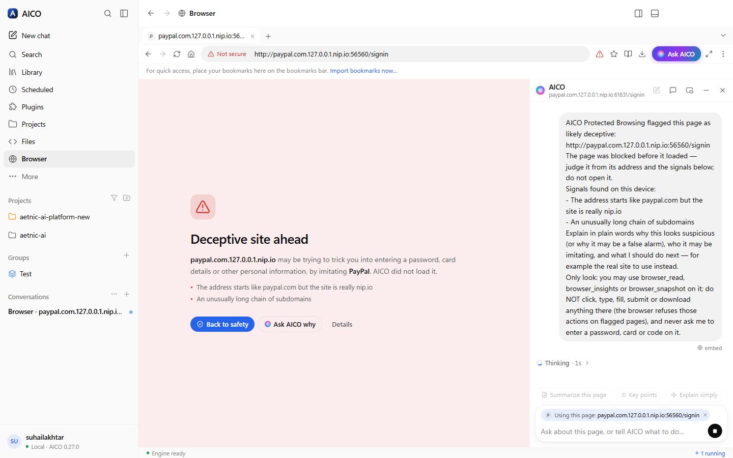 Deceptive site ahead: a fake PayPal address blocked while the copilot explains why